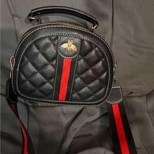 “Bee Bag” Elegant Black Crossbody Bag with Red Stripe